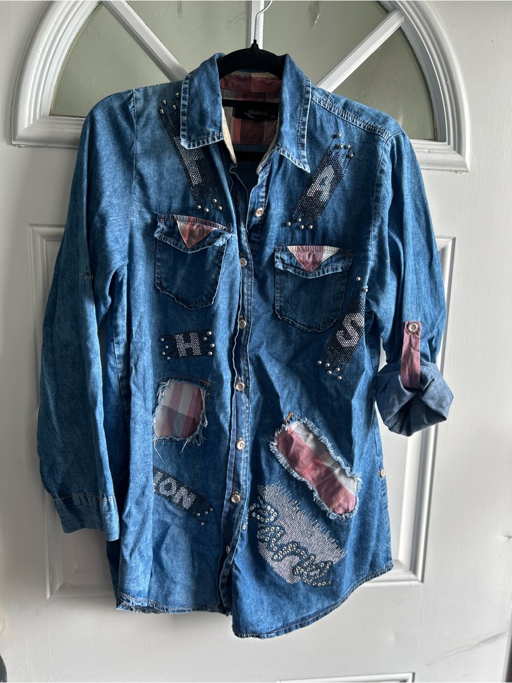 Private Label Blue Denim Button-Down Shirt with Patch Details Pat1 - Picture 5 of 5